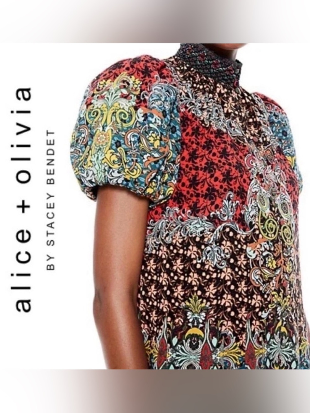 Alice + Olivia Janis Mixed Print Puff Sleeve Mini Dress Sz 6 - Picture 3 of 7